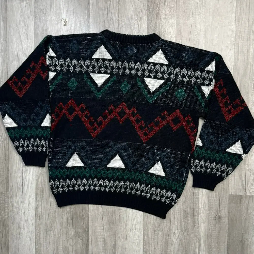Vintage Grandpa Crew Neck Sweater Geometric Stripped Size Large Dark Academia